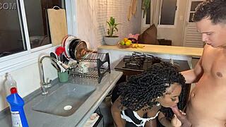 The black maid feels intense pleasure fucking the young son with her pussy and tits.