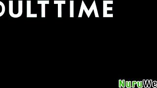 Hey, watch this petite Asian masseuse with sexy tats give Isiah Maxwell a wet nuru massage