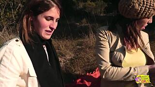 Two Brunettes Share Intimate Moments with Strapon During Outdoor Hike