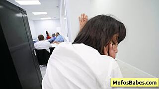 Slutty horny big tit office milf Sasha Pearl sucks huge dick and gets fucked doggystyle from behind at work by Parker Ambrose