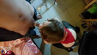 French amateur slut gives deepthroat blowjob, rims ass, and fingers in red satin bodysuit