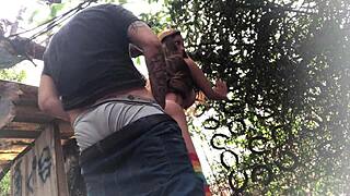 i fuck the redhead sex toy's ass in the backyard