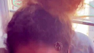 lightskin ebony step-sister teasing with blowjob by window, gets cum on face as boyfriend searches