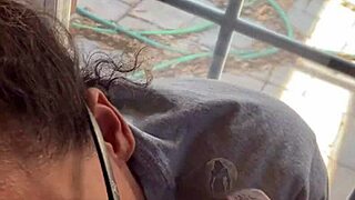 lightskin ebony step-sister teasing with blowjob by window, gets cum on face as boyfriend searches