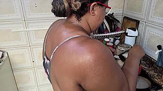 Stepmom receives a lot of attention on her face in the home kitchen