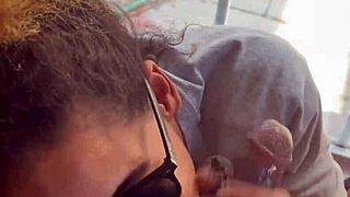 lightskin ebony step-sister teasing with blowjob by window, gets cum on face as boyfriend searches