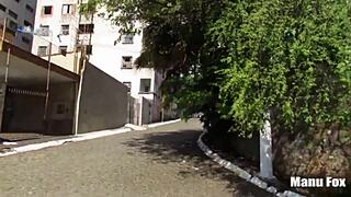 Curvy pornstar with big tits and ass performs outdoor blowjob sucking until cumshot explosion in public street.