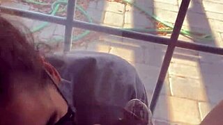 lightskin ebony step-sister teasing with blowjob by window, gets cum on face as boyfriend searches