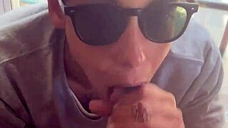 lightskin ebony step-sister teasing with blowjob by window, gets cum on face as boyfriend searches