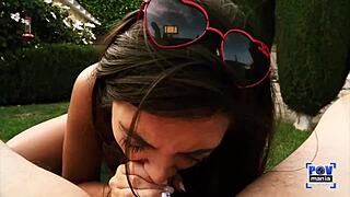 Frida Sante milks pecker in backyard pov deepthroat blowjob handjob cowgirl riding