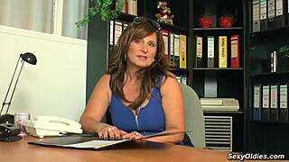 Pierced Pussy German Cougar Masturbates with Dildo at Office