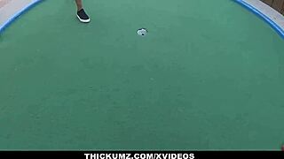 Slimthick ebony Demi Sutra gets dirty with big cock at minigolf outdoor cumshot