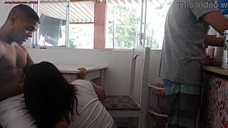 See breakfast in cuck house - friend fucks latina wife while husband washes dishes!