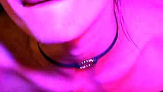 petite 18+ neighbor moans during deepthroat blowjob in neon night, swallowing cum in pov masturbation session