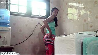 latina brunette jade teases neighbor with ass flashing until he jumps wall and cums inside her pussy in laundry room
