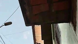 Fat blonde milf in lingerie on public street