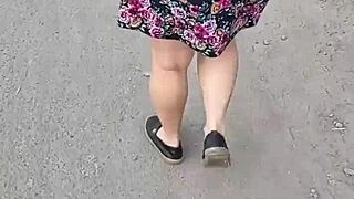 Fat blonde milf in lingerie on public street