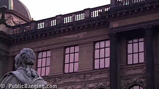 Watch this cute teen 18+ get fucked by two guys in public by the famous statue!