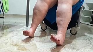 Coolmarina tired from street gets foot massage with hard eggs on floor