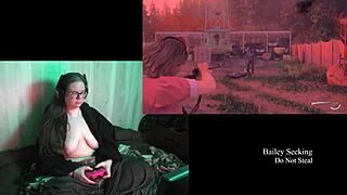 Naked brunette with big natural tits in night springs