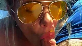 cheating blonde sucks cock in public and gets a facial midday