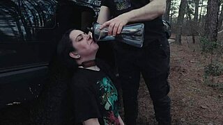 submissive cutie eats ass and piss at roadside picnic then gets rough face fucking 😈