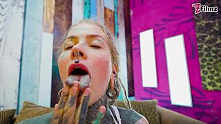 Petite slut pounds her pussy with XL dildo.