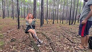 Ginger latina teen strips naked on trail, leading to wild outdoor sex