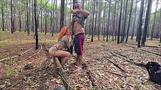 Ginger latina teen strips naked on trail, leading to wild outdoor sex