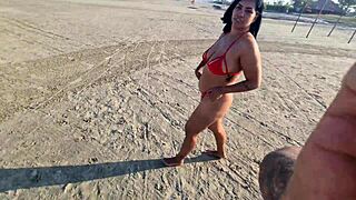 pornstar goes wild fingering big tits and pussy on outdoor beach toilet with african ass intensity