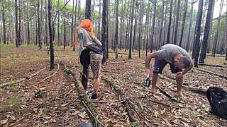 Ginger latina teen strips naked on trail, leading to wild outdoor sex