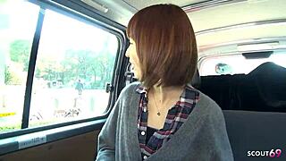 Petite Asian girl gets picked up by old stranger guy for taboo blowjob and cum in car