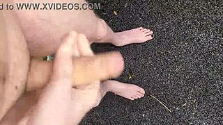 Risky outdoor masturbation with big cock