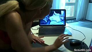 German MILF sister catches him jerking off and fucks him hard