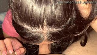 Naughty brunette gives deep blowjob to monster cock in pov