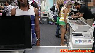 In the pawnshop, a beautiful amateur gets doggystyled while sucking cock, spied on secretly.