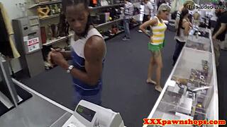 In the pawnshop, a beautiful amateur gets doggystyled while sucking cock, spied on secretly.