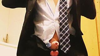 Business suit masturbation with feet and costumes