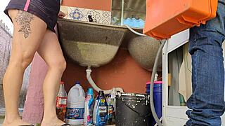 Housewife pays washing machine tech with her big ass while husband is out