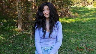 Lost Curvy Brunette Influencer Sucks Cock to Escape Forest. Big Tits Bent Over in Amateur Scene.