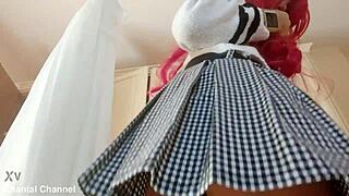 Milf pulls up mini skirt revealing ass thong