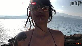 Perverted Woman Shows Tits On Beach, Takes To Rocks For Fucking