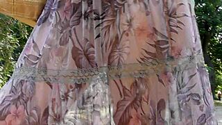 Hairy mature woman flashes pussy in transparent dress outdoors