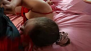 french amateur in red satin dress and brown tight satin outfit with lingerie panties thong bra garter-belt heels stockings gets pussy fucking doggystyle blowjob rimming pov closeup!