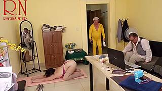 Secretary Regina Noir Does Yoga in Office Voyeur Scene with Wet Pussy