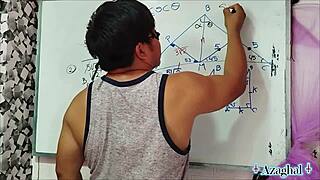 Asian teacher nerd student in bedroom trigonometry fun