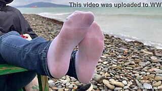 Beautiful nylon feet in jeans outdoor compilation