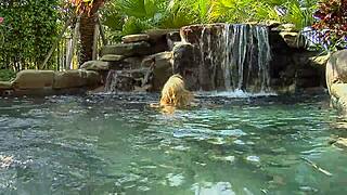 Beautiful blonde babe engages in passionate lesbian encounter by the poolside with detailed scenes of kissing and touching