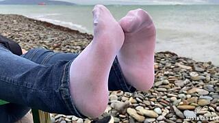 Beautiful nylon feet in jeans outdoor compilation