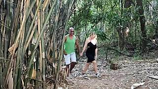 fucking behind the trees in the public park with a big black cock